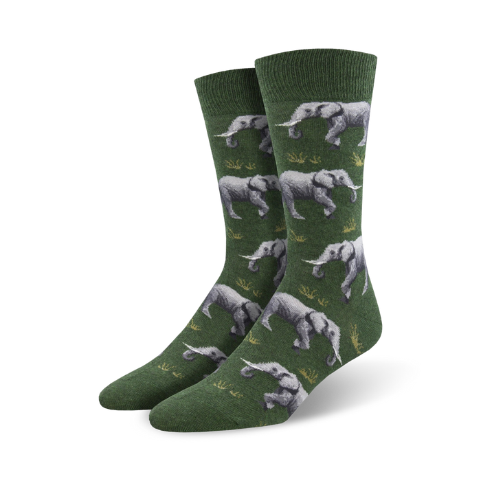 dark green crew socks with a parade of gray elephants and tufts of grass. 