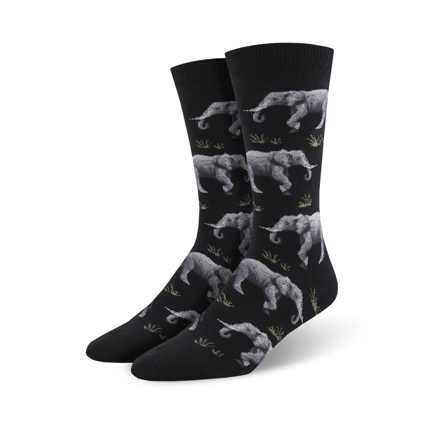 Flatlay: Three pairs of 'Raising a Herd' socks, in navy, green, and black.