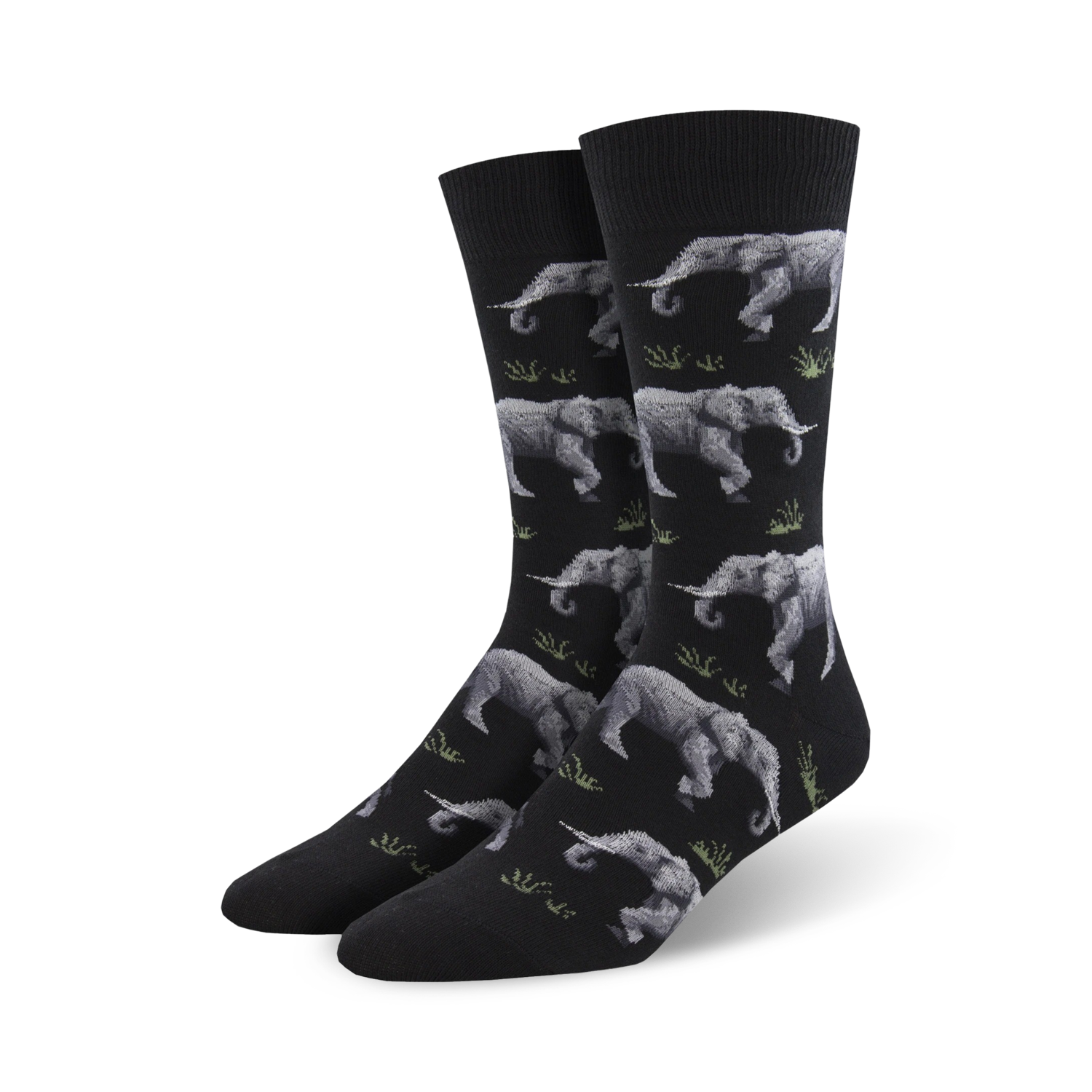 Flatlay: Three pairs of 'Raising a Herd' socks, in navy, green, and black.