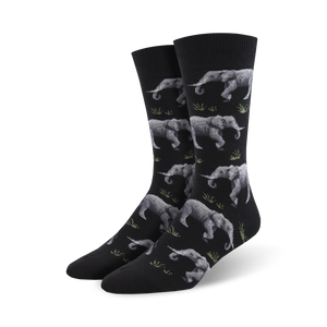 black crew socks with gray elephants marching in a line.  