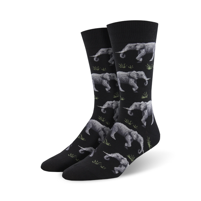 black crew socks with gray elephants marching in a line.  