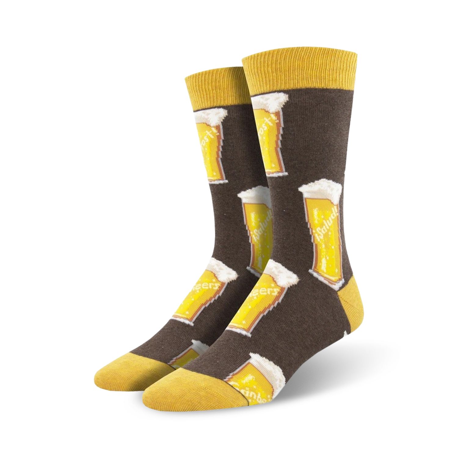 Pair of crew socks with a repeating pattern of yellow beer steins and the word 'Prost!' on a dark brown background. Yellow cuffs.