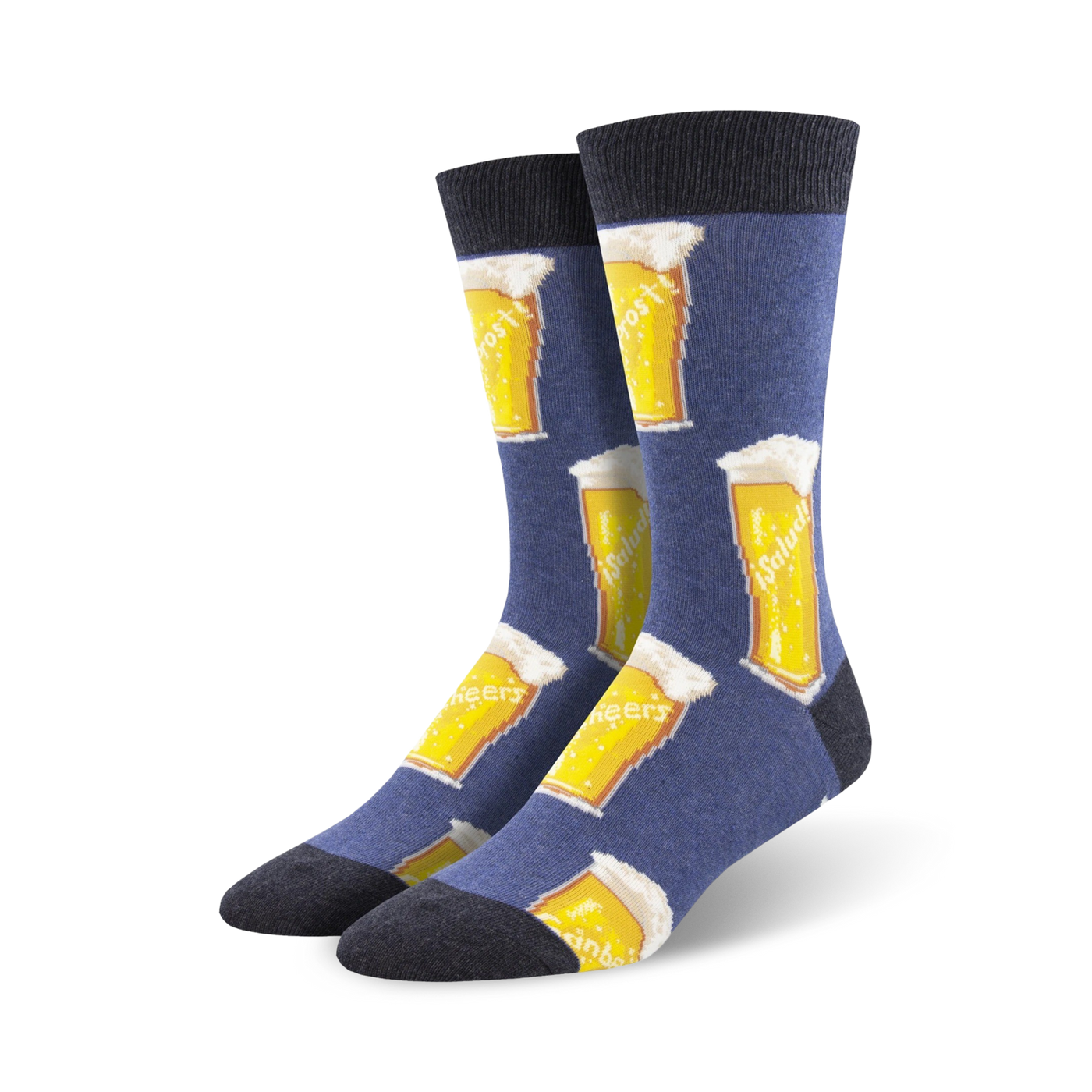 Lifestyle shot showing the blue 'Prost!' socks on a person's feet. The socks are the focus.