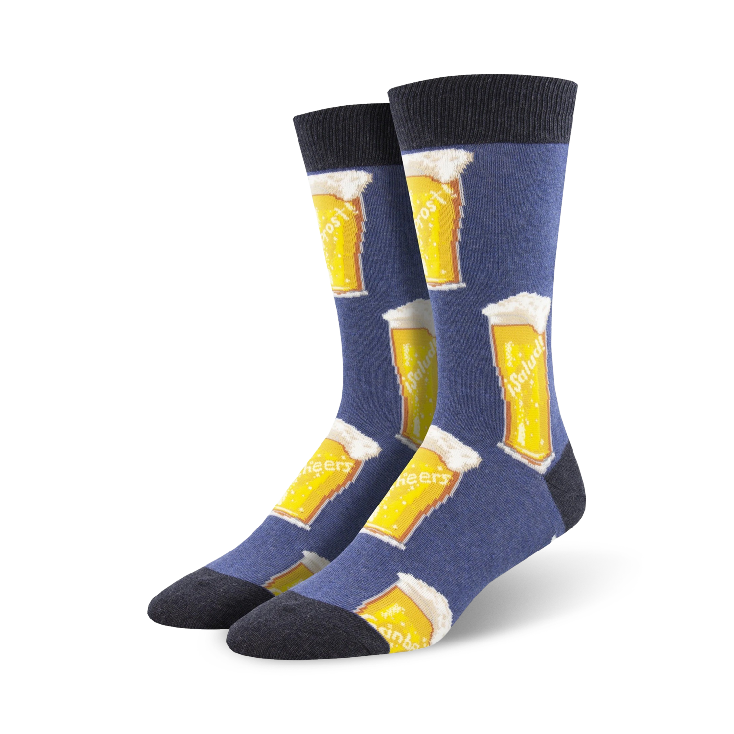 Lifestyle shot showing the blue 'Prost!' socks on a person's feet. The socks are the focus.
