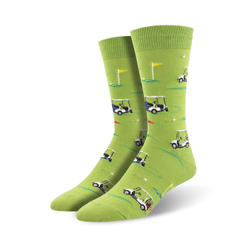 green crew socks with an all-over pattern of golf carts and golf balls for men.  
