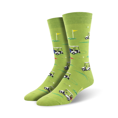 green crew socks with an all-over pattern of golf carts and golf balls for men.  