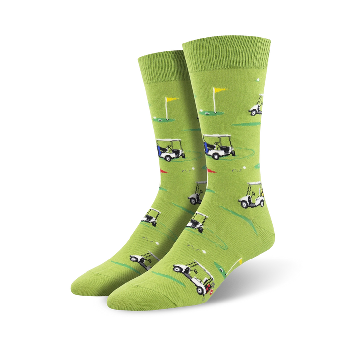 green crew socks with an all-over pattern of golf carts and golf balls for men.   }}