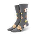 Pair of crew socks, grey and olive green, with fun cartoon bread, butter, and pretzel designs.