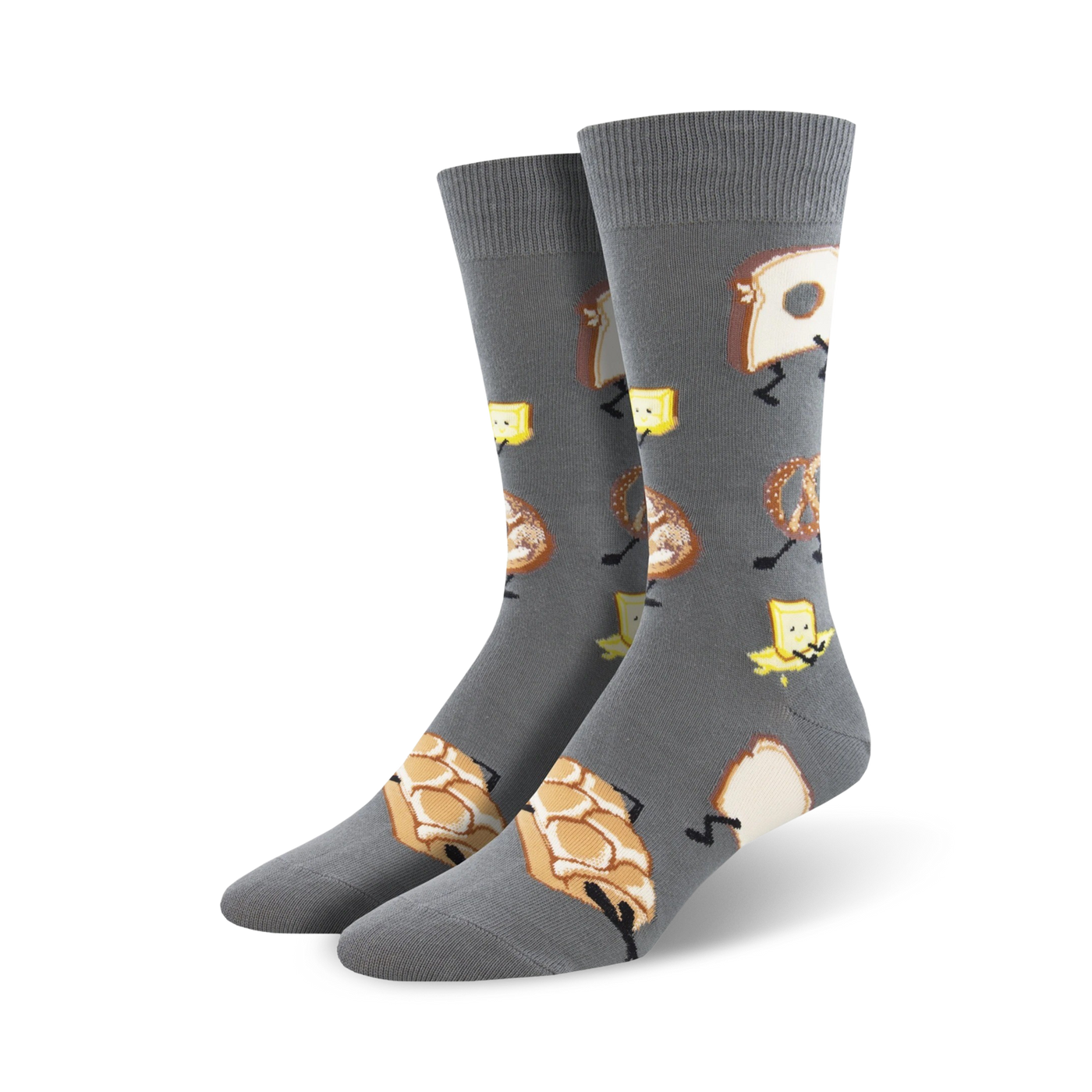 Pair of crew socks, grey and olive green, with fun cartoon bread, butter, and pretzel designs.
