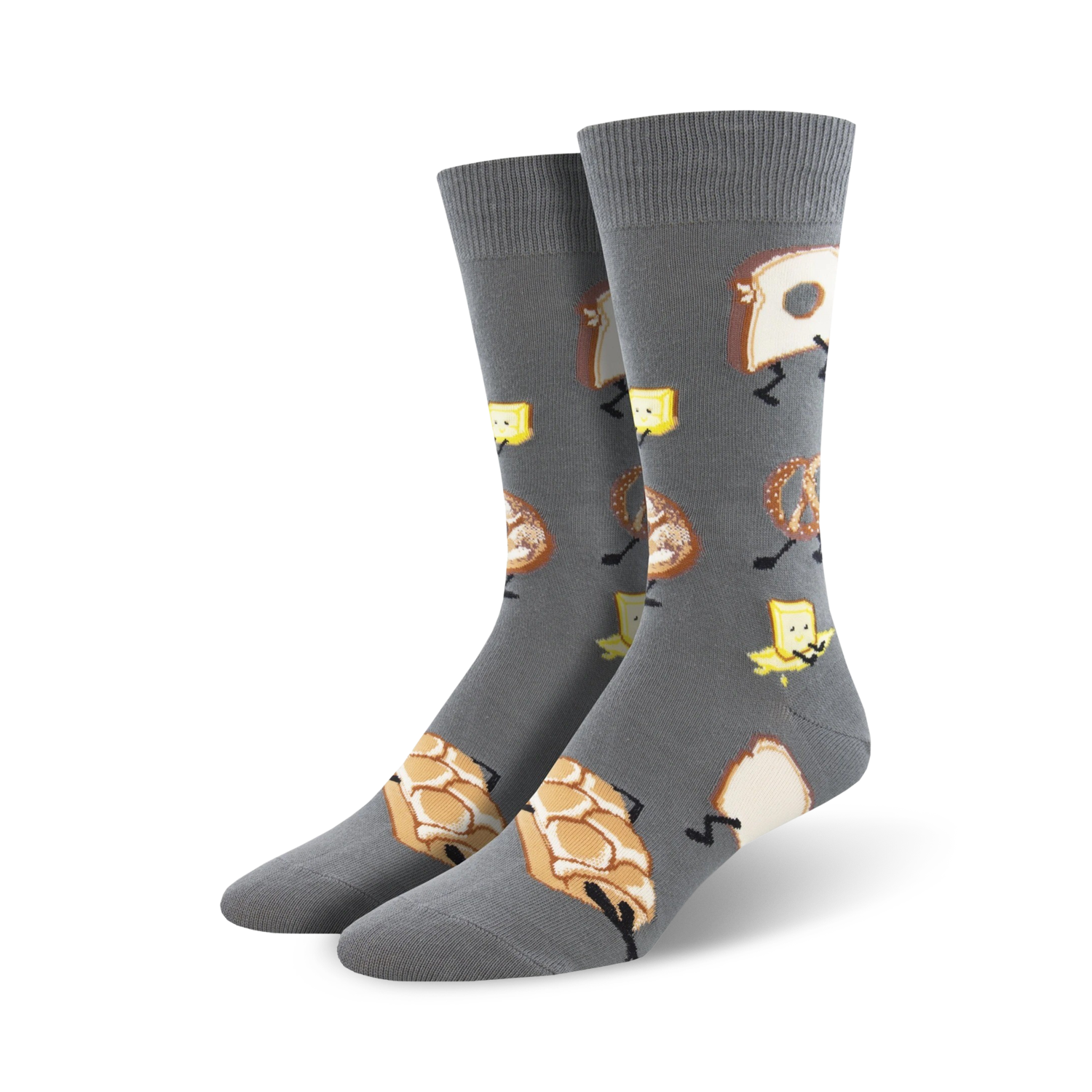 Pair of crew socks, grey and olive green, with fun cartoon bread, butter, and pretzel designs.