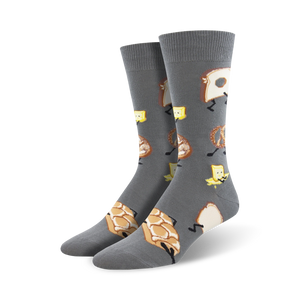 gray crew socks with a pattern of bread, butter, and pastries. perfect for the food lover in your life.  