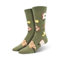 Lifestyle shot showing the olive green Walking Bread socks on a person's feet.
