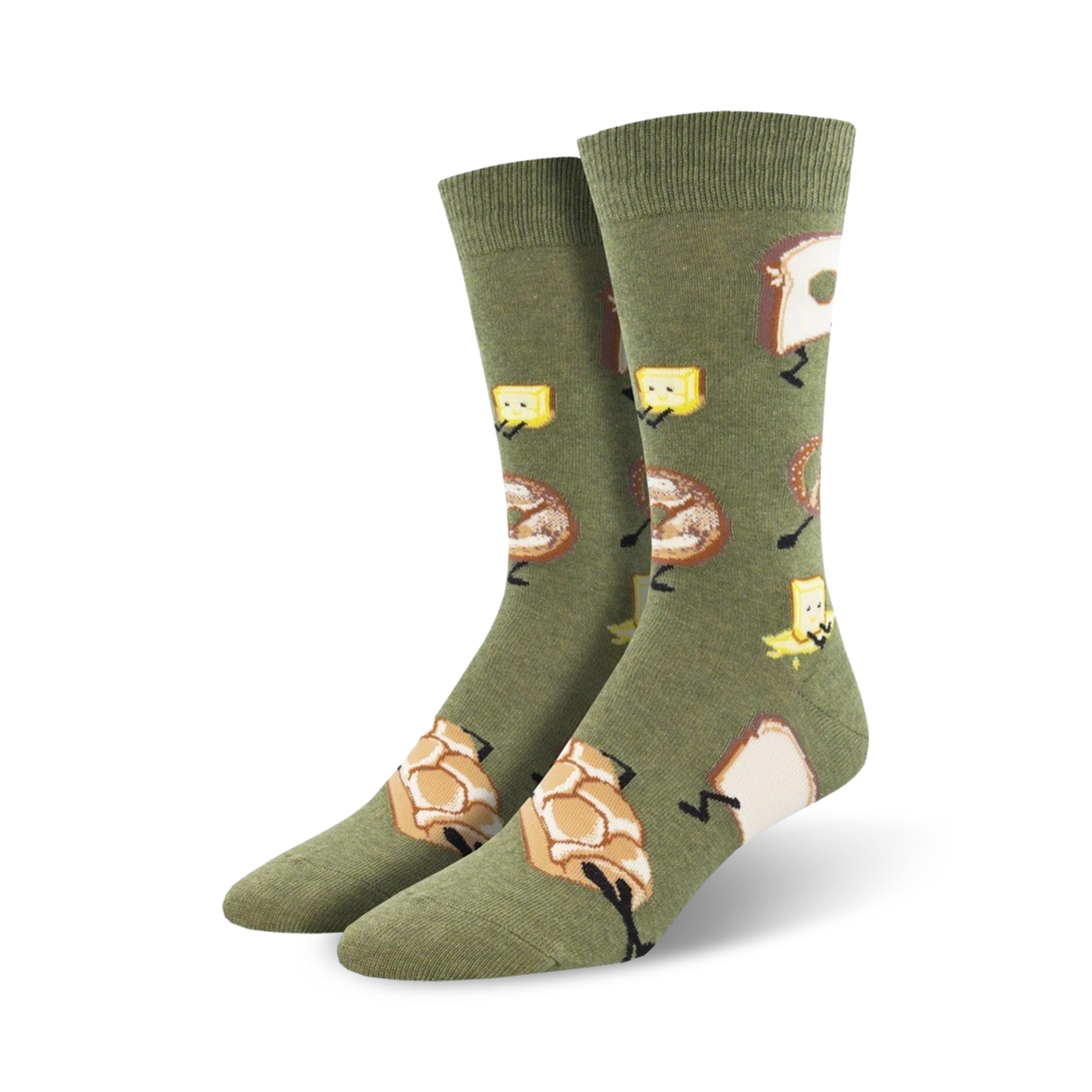 Lifestyle shot showing the olive green Walking Bread socks on a person's feet.