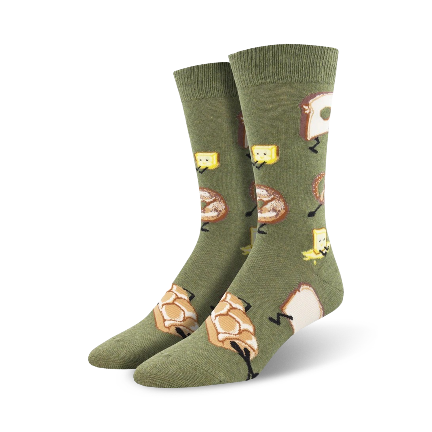 Lifestyle shot showing the olive green Walking Bread socks on a person's feet.