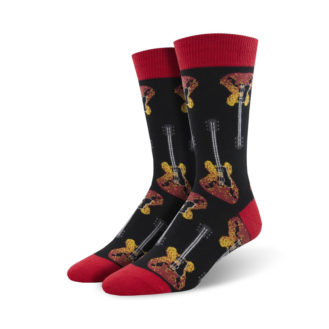 A pair of men's crew socks in black with red cuffs. The socks feature a repeated pattern of yellow and red electric guitars.