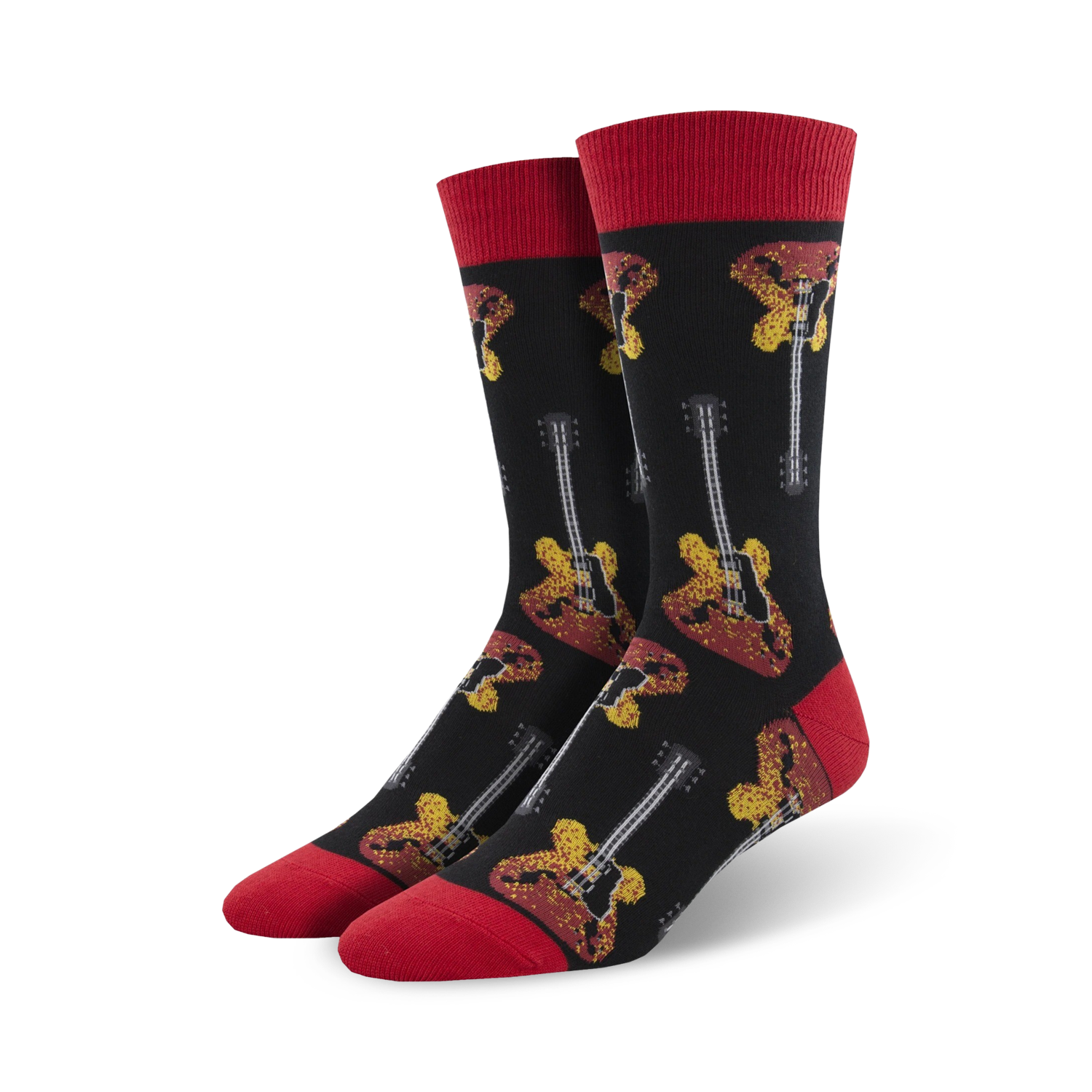 A pair of men's crew socks in black with red cuffs. The socks feature a repeated pattern of yellow and red electric guitars.