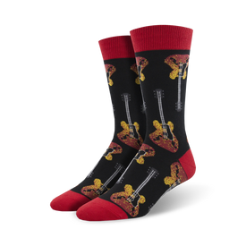 crew length men's socks with red and yellow guitar pattern. called pick-up lines.  