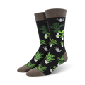 Pair of black crew socks with a design of green potted plants and silver watering cans.  Grey cuff detail.