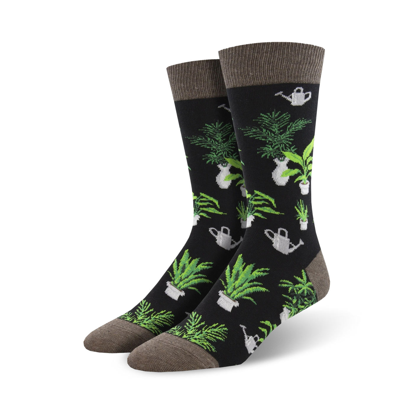 Pair of black crew socks with a design of green potted plants and silver watering cans.  Grey cuff detail.