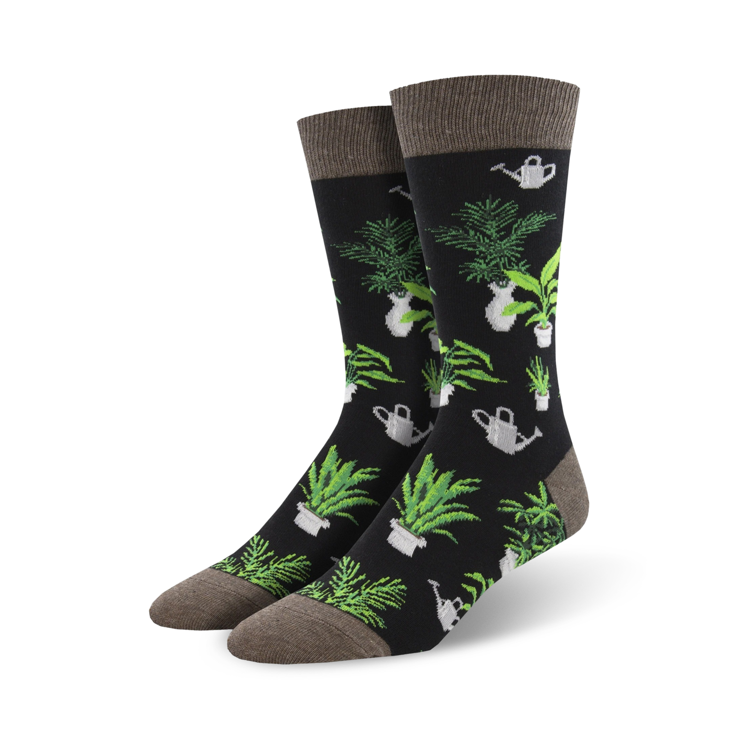 Pair of black crew socks with a design of green potted plants and silver watering cans.  Grey cuff detail.