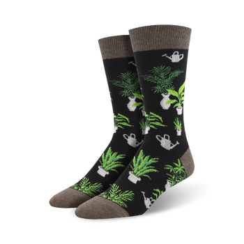 crew length black socks with a pattern of green houseplants and gray watering cans.  