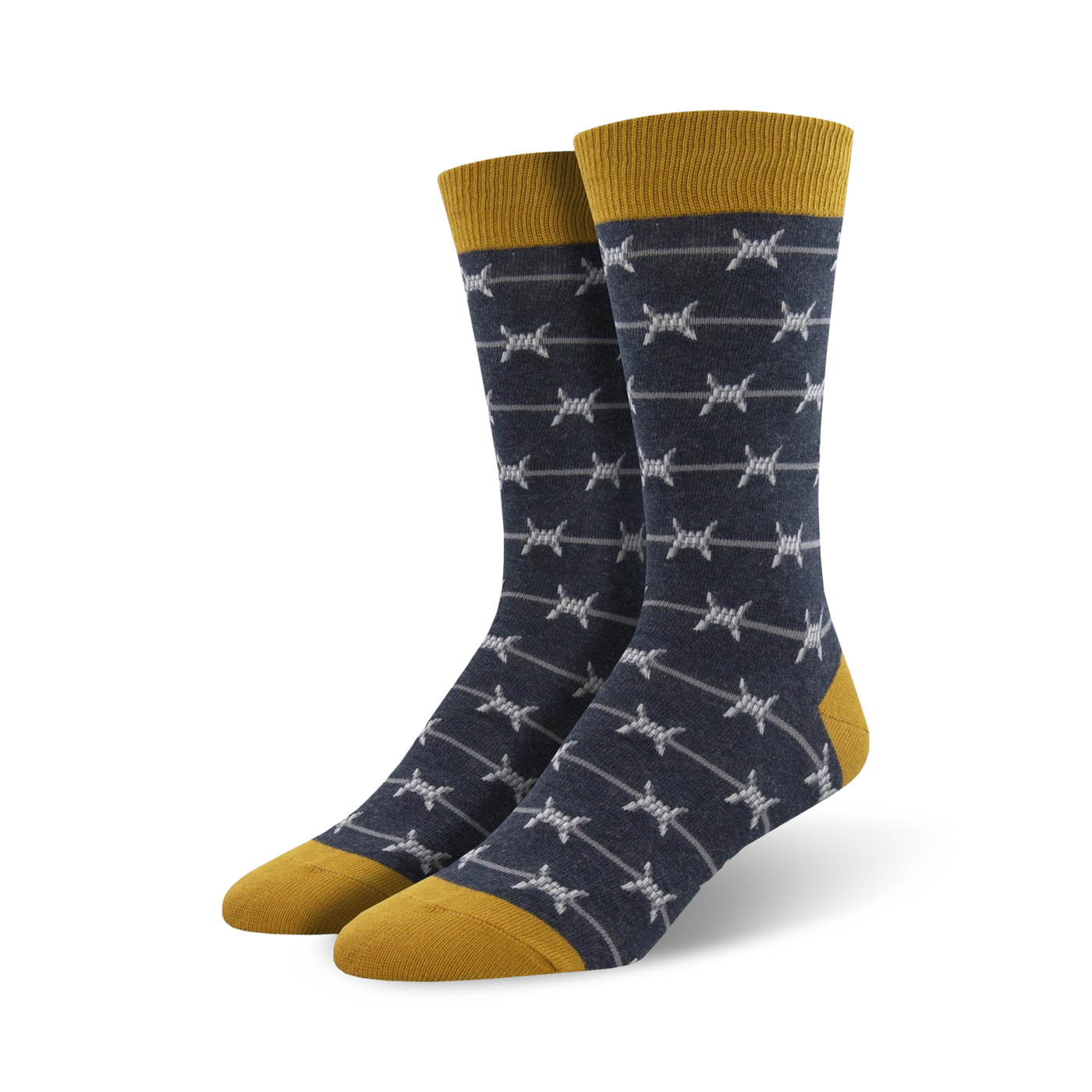 Pair of men's crew socks.  Navy blue with grey barbed wire pattern and mustard yellow cuff.