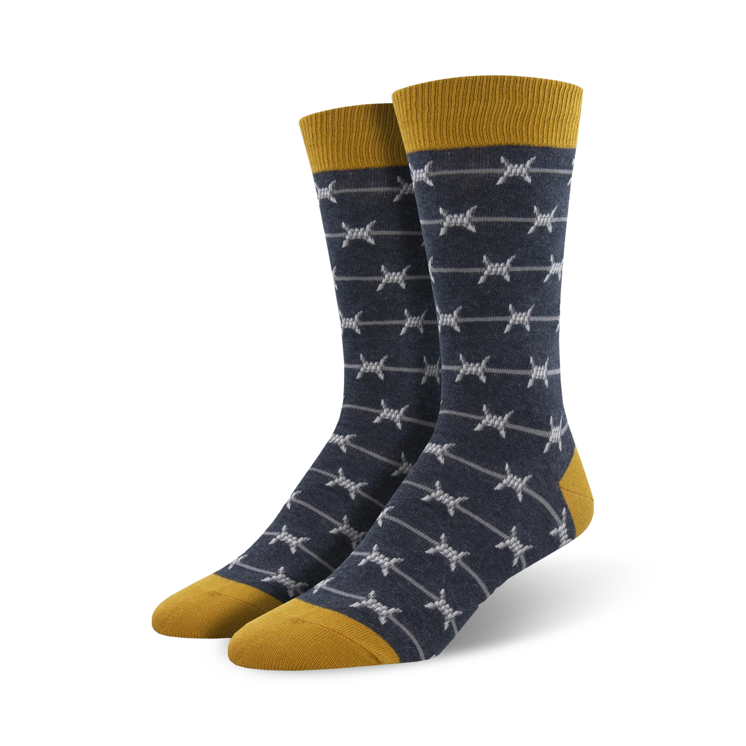 Pair of men's crew socks.  Navy blue with grey barbed wire pattern and mustard yellow cuff.