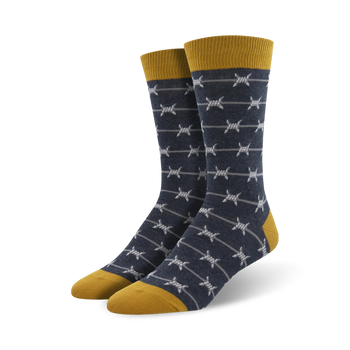 blue crew socks with barbed wire pattern, keep you cozy and stylish.   