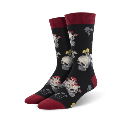 mens bone heads crew socks - spooky skull and mushroom pattern  