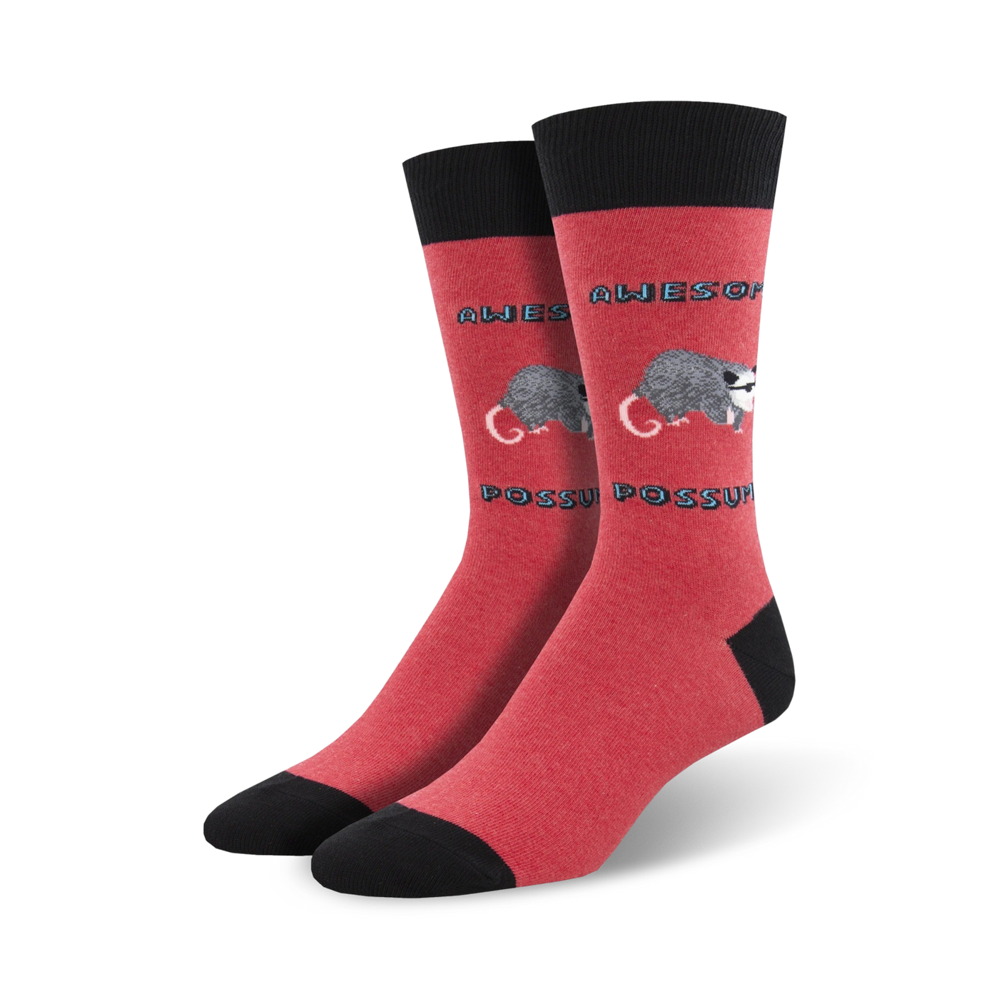 A pair of red crew socks with a black cuff, featuring a possum graphic and 'Awesome Possum' text in a pixelated font.
