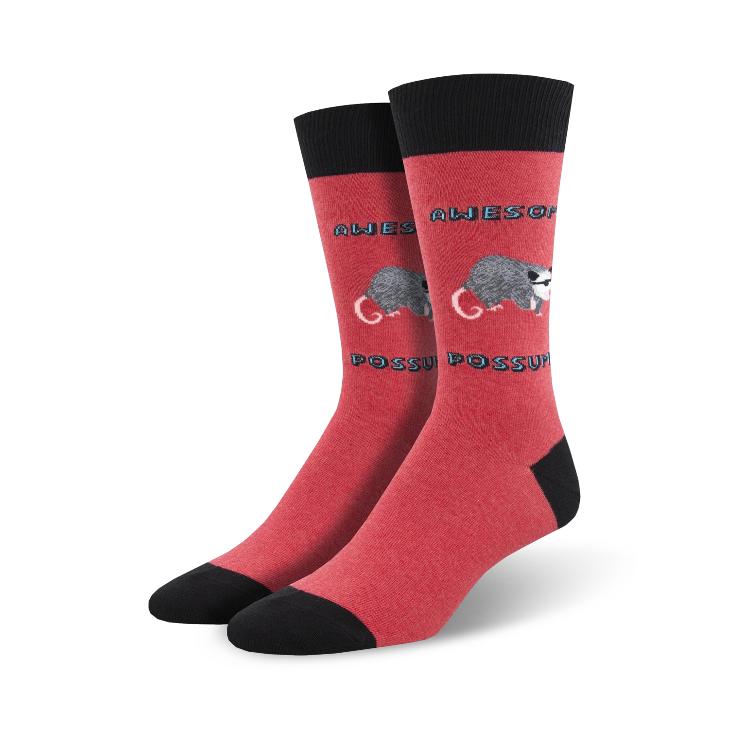 A pair of red crew socks with a black cuff, featuring a possum graphic and 'Awesome Possum' text in a pixelated font.
