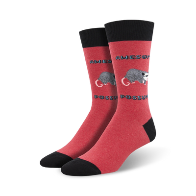 red and black awesome possum socks with blue and black text declaring the same. mens crew socks.   