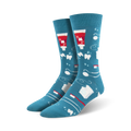 Pair of teal crew socks with a dental theme.  Features red and white toothpaste tubes, toothbrushes, floss, and sparkling teeth on a teal background.