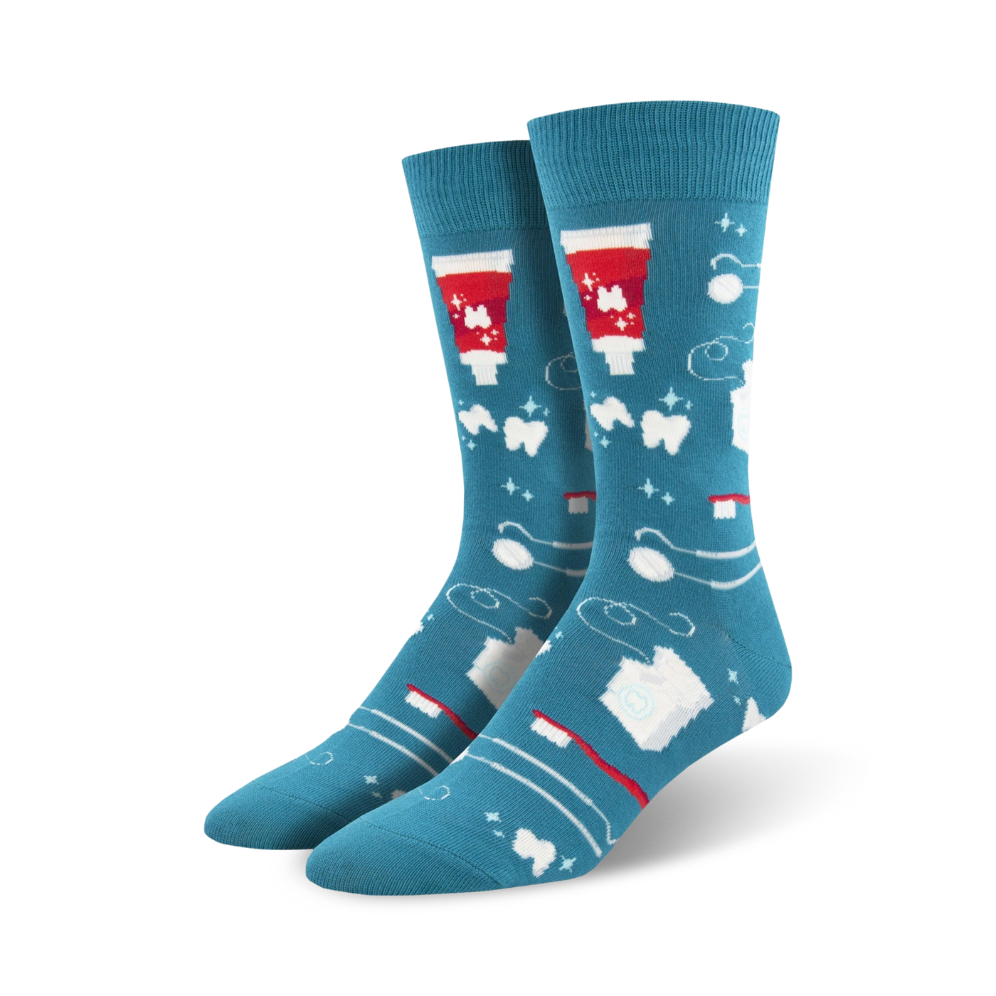 Pair of teal crew socks with a dental theme.  Features red and white toothpaste tubes, toothbrushes, floss, and sparkling teeth on a teal background.