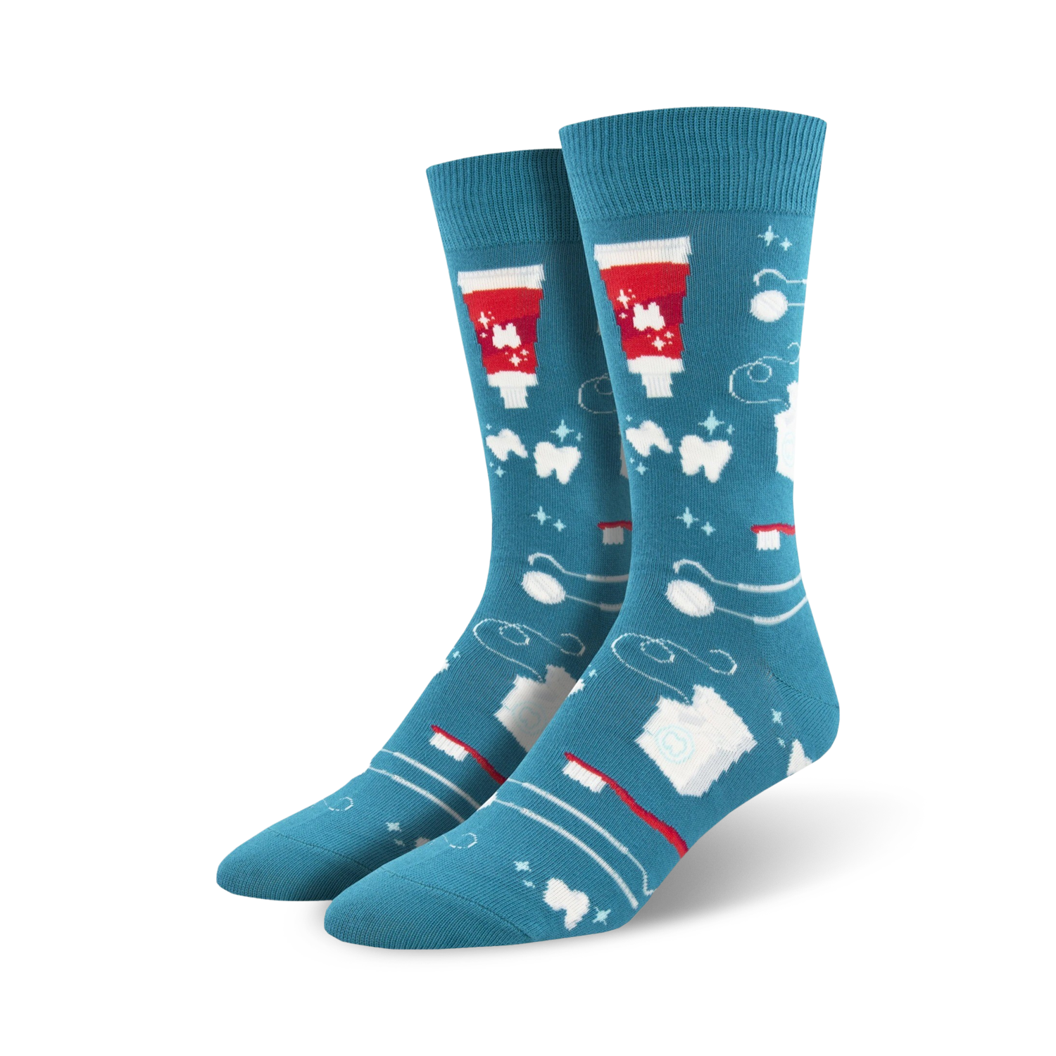 Pair of teal crew socks with a dental theme.  Features red and white toothpaste tubes, toothbrushes, floss, and sparkling teeth on a teal background.