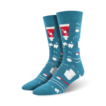 blue crew socks with pearly whites, red toothbrushes, and toothpaste pattern. mens.  