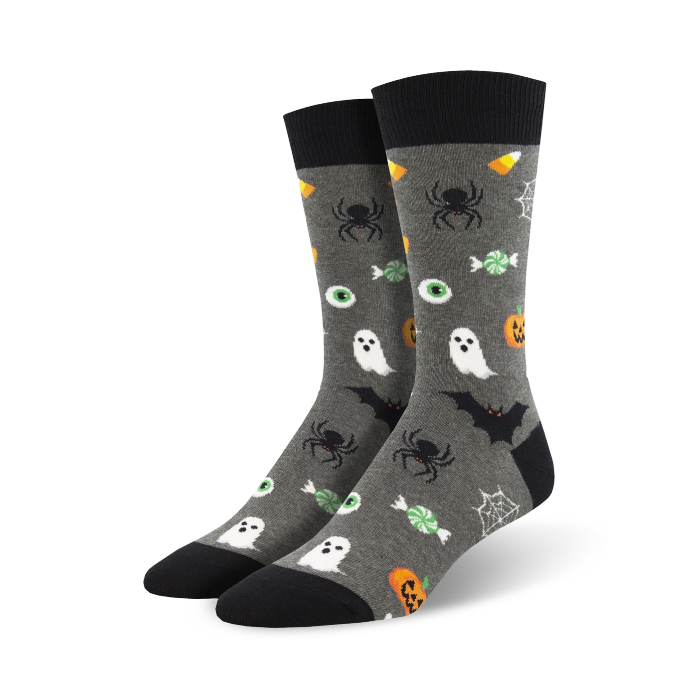 Pair of crew socks, gray with black accents. Feature Halloween designs: ghosts, spiders, bats, candy corn, and eyeballs.