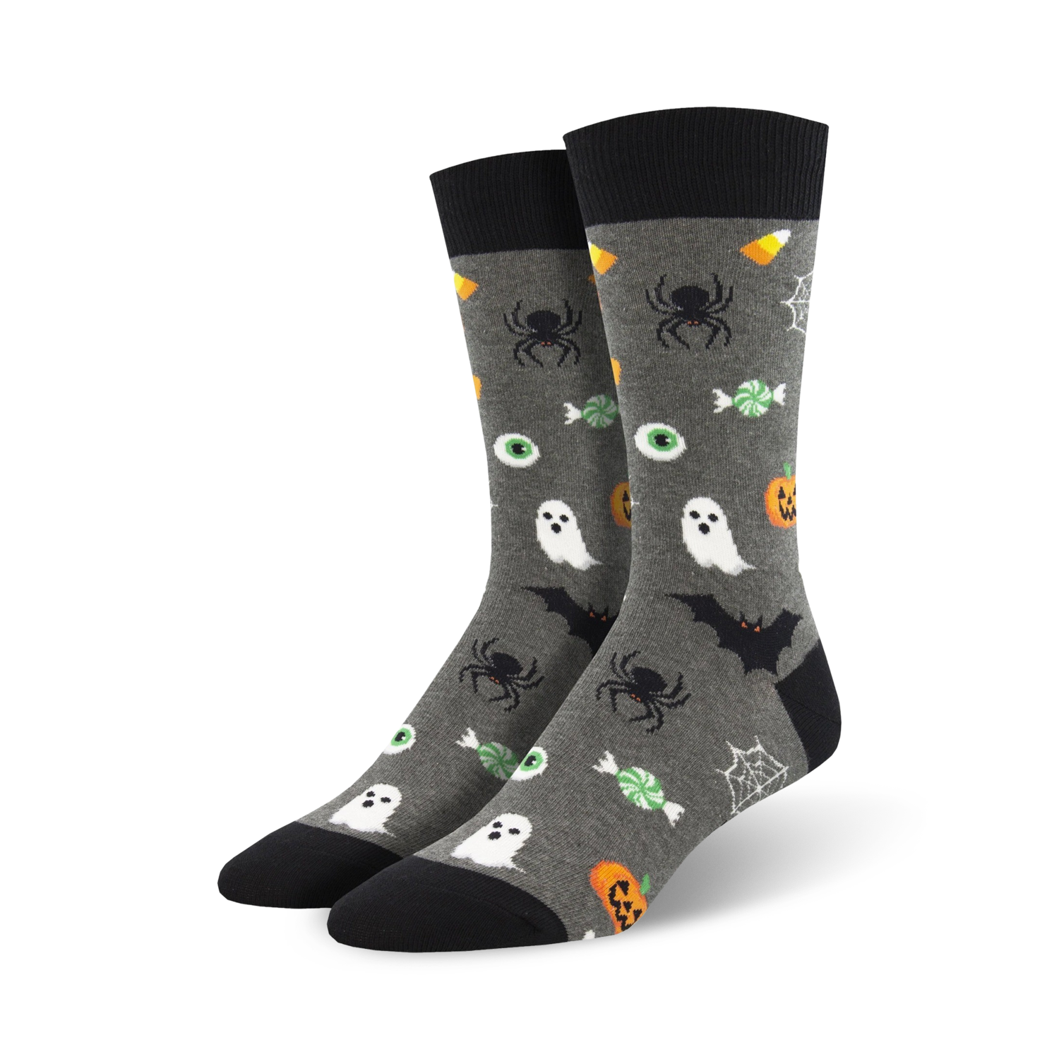 Pair of crew socks, gray with black accents. Feature Halloween designs: ghosts, spiders, bats, candy corn, and eyeballs.