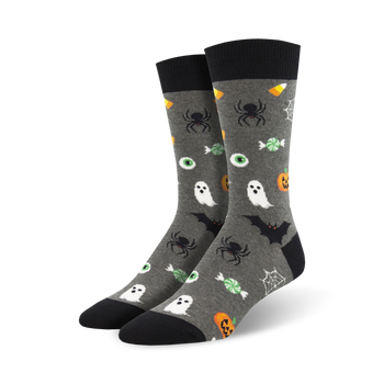 gray halloween crew socks with ghosts, bats, spiders, candy corn and pumpkins  