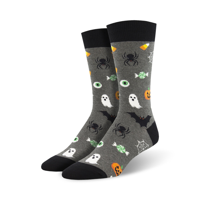 gray halloween crew socks with ghosts, bats, spiders, candy corn and pumpkins   }}