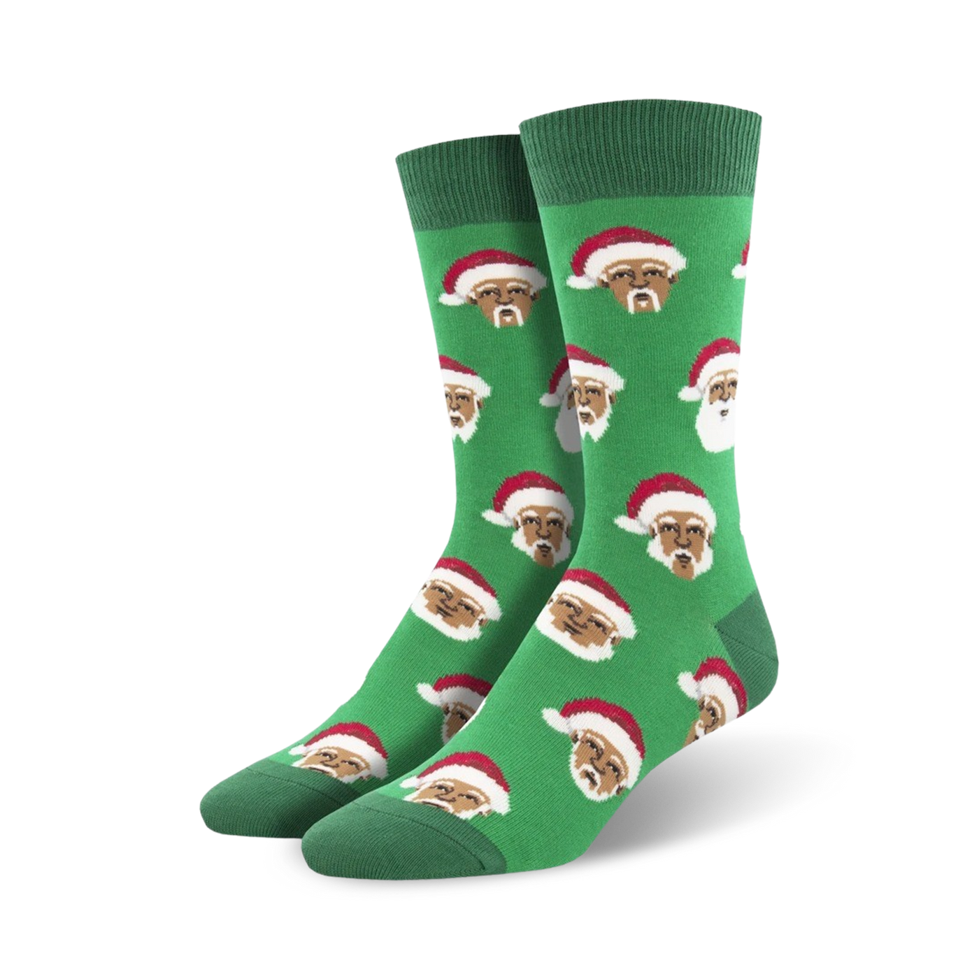 Pair of crew socks, green and white, featuring a repeating pattern of a Black Santa Claus wearing a red hat.
