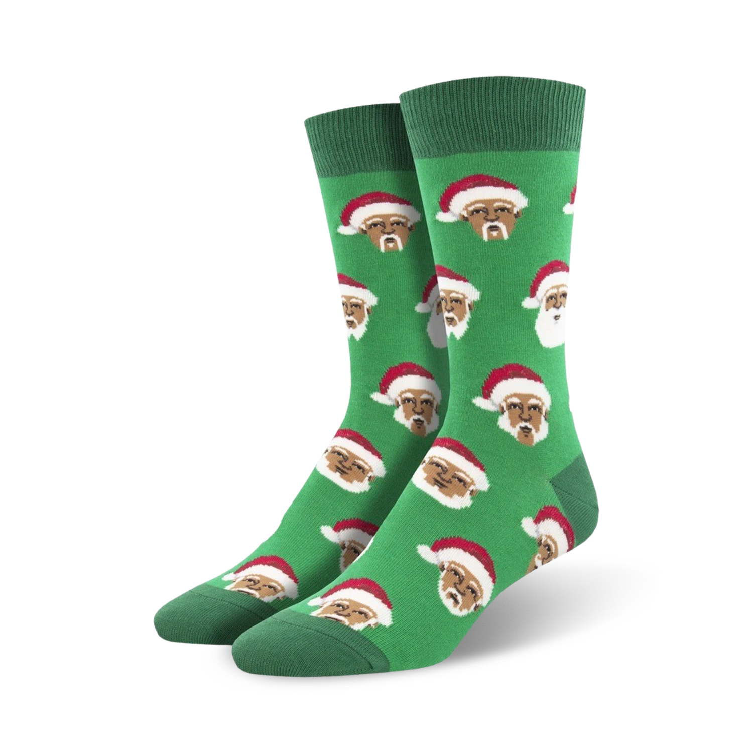 Pair of crew socks, green and white, featuring a repeating pattern of a Black Santa Claus wearing a red hat.