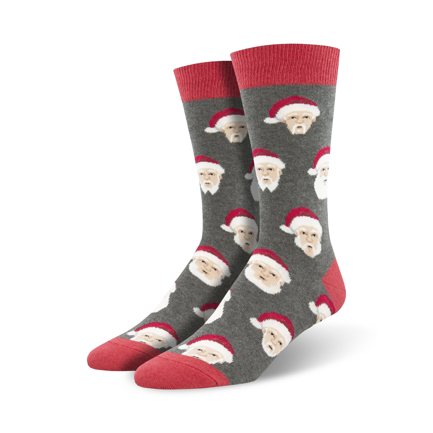 Close-up view of a pair of grey crew socks with a repeating pattern of a white-haired Santa Claus wearing a red hat.