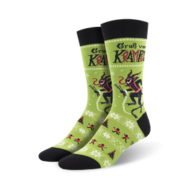  green krampus crew socks with christmas tree and snowflake pattern for men.   