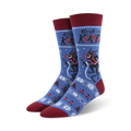 A lifestyle shot showcasing the Krampus socks on a model's feet. The blue colorway is featured.