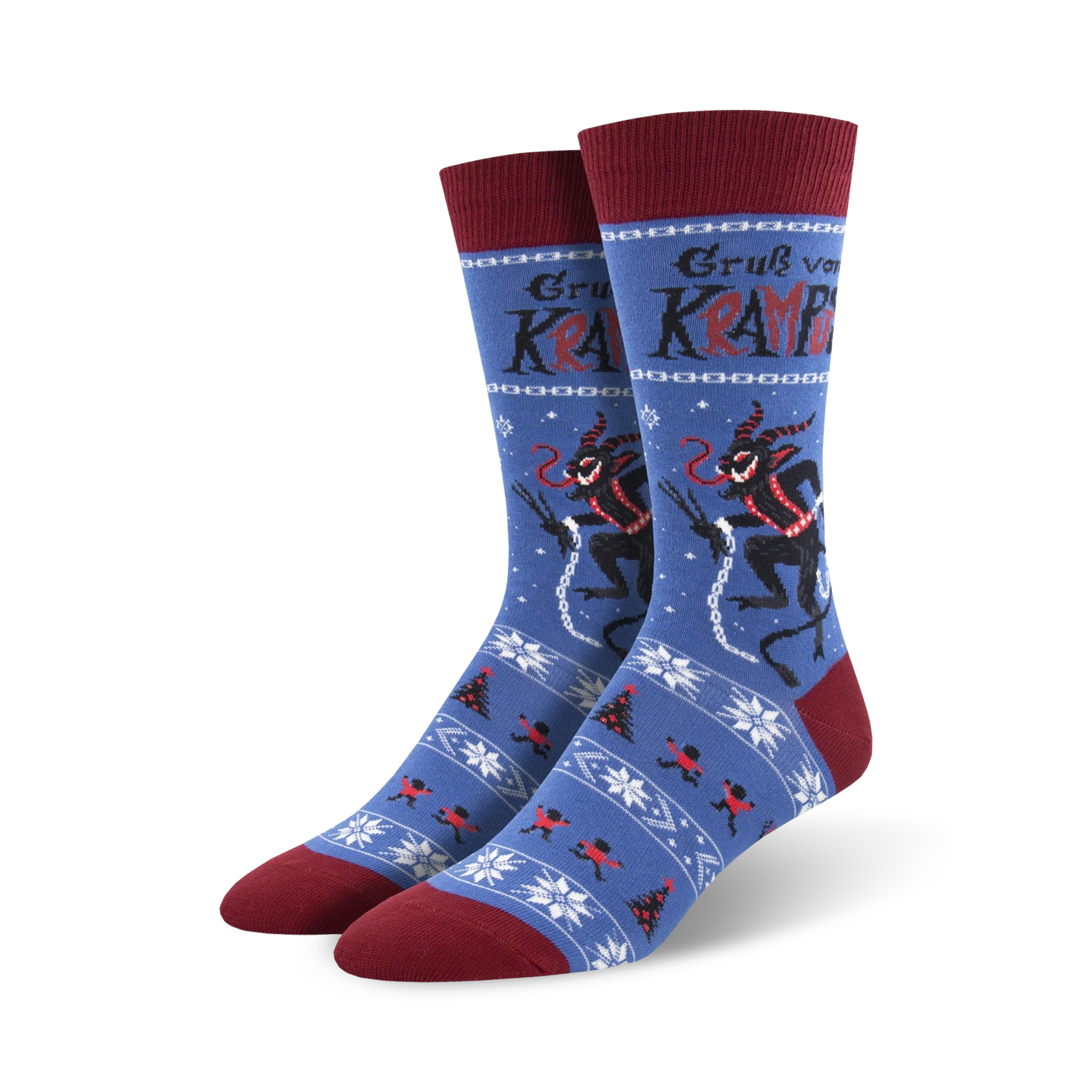 A lifestyle shot showcasing the Krampus socks on a model's feet. The blue colorway is featured.