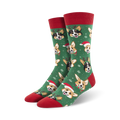 Green crew socks with a festive design. Features adorable Corgi dogs wearing Santa hats and reindeer antlers against a snowflake background.