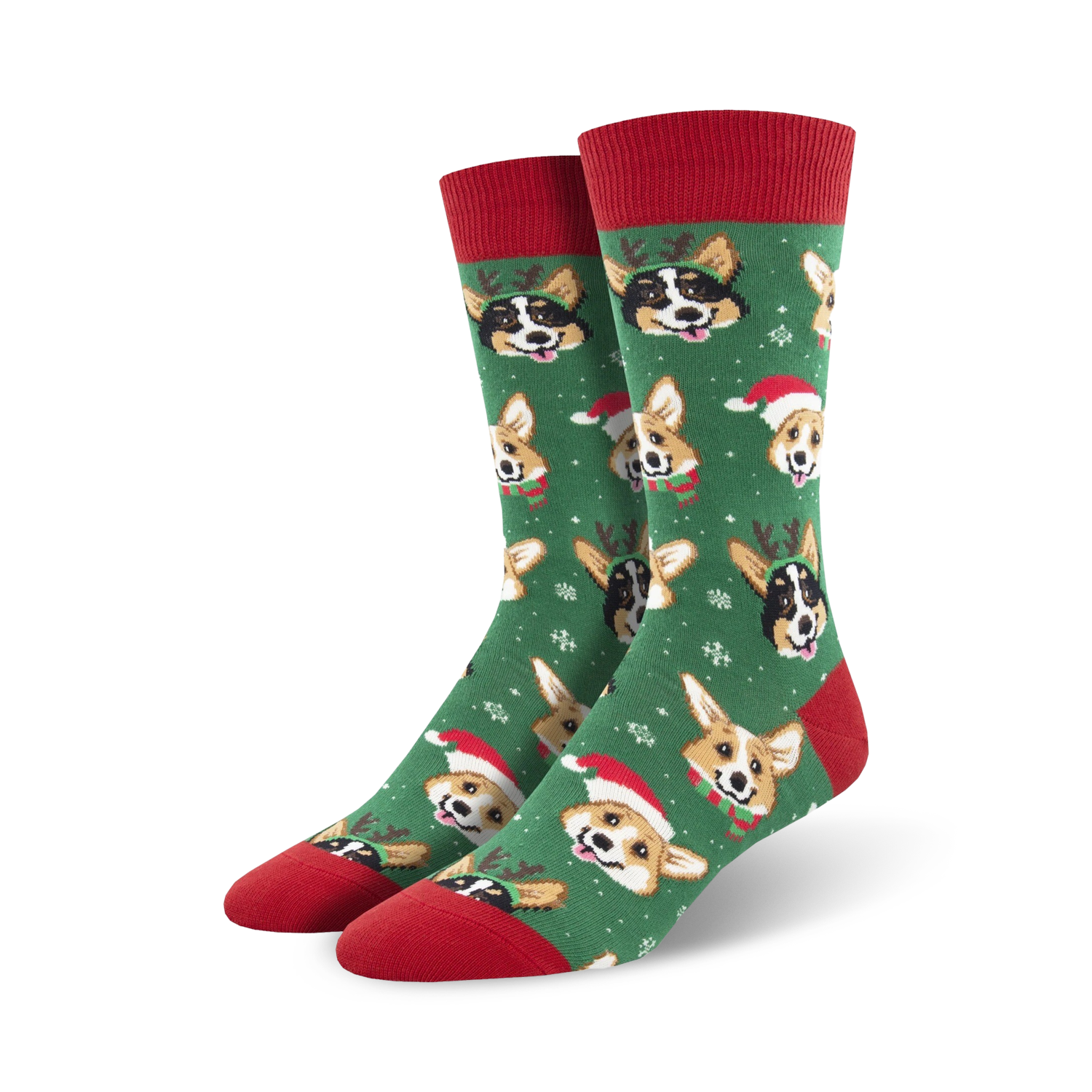 Green crew socks with a festive design. Features adorable Corgi dogs wearing Santa hats and reindeer antlers against a snowflake background.
