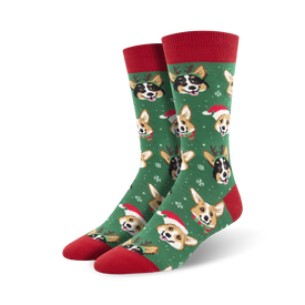 mens green crew socks with cartoon corgis wearing santa hats and reindeer antlers surrounded by snowflakes. holiday/christmas theme.   