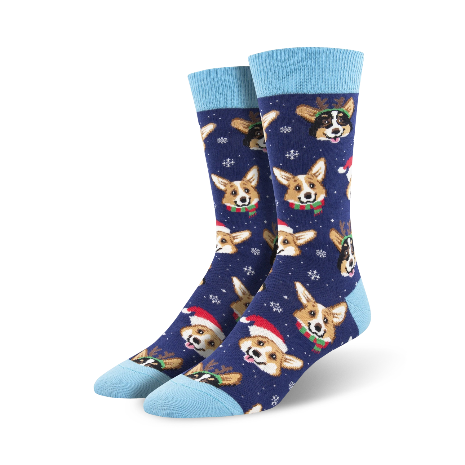 A pair of navy blue crew socks featuring the same Corgi design, but on a darker background.
